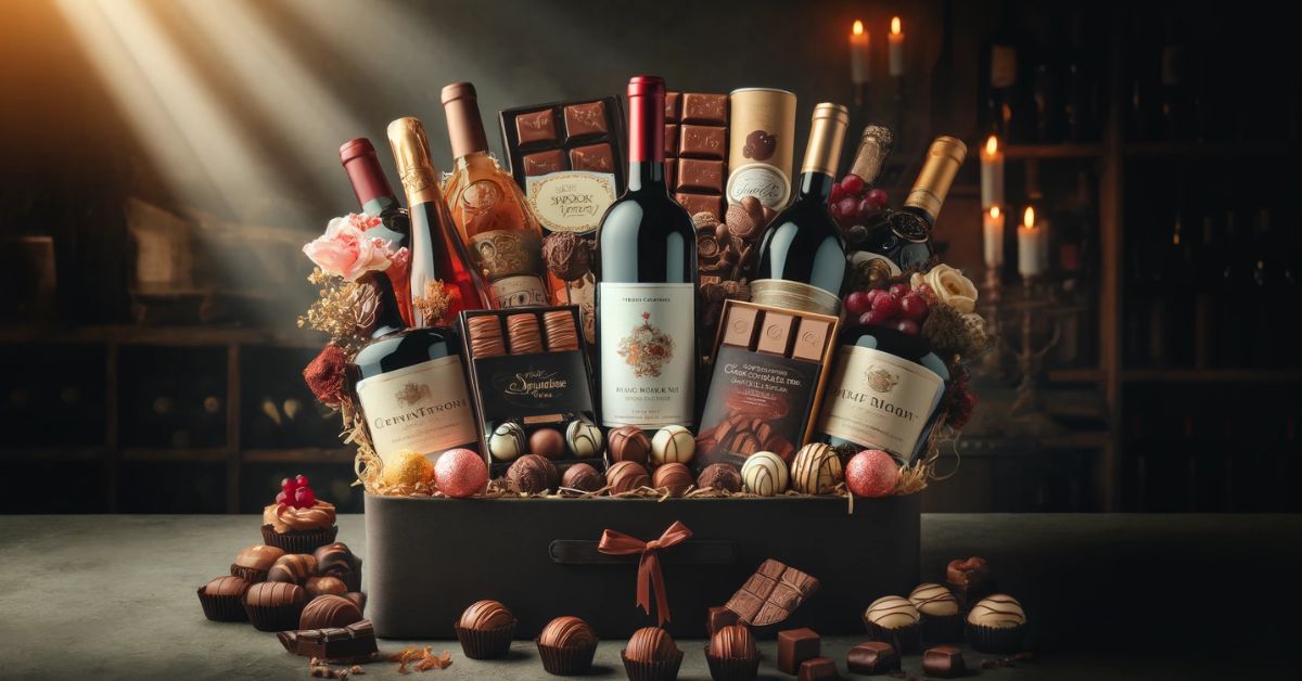 Traditionel gavekurv med vin og chokolade